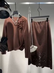 YUFUQING | Cafe Brown Long Sleeve Knitted Set Hollow Out Embroidery Round Neck Half Skirt Two Piece Women Early Autumn New Style Commute