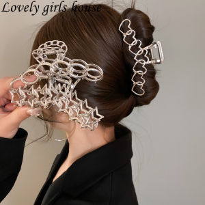 【♡Lovely girls house♡】Y2K Love Stars Metal Grab Clips Simple Hair Clip Back Head Pan Hair Claw Hollowed Out Shark Clip Hair Accessories