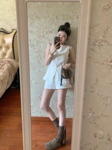 VKSOD | French Preppy Style Womens Summer High Intelligence Sensation Casual Sleeveless Vest Commute Short Pants Two-Piece Set