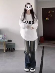 กางเกงยีนส์ทรงขาบานทรงเดนิมทรงสลิมฟิตเอวสูงสำหรับผู้หญิง กางเกงขายาวทรงเดนิมทรงเดนิมทรงสลิมฟิตสำหรับฤดูใบไม้ผลิและฤดูใบไม้ร่วง