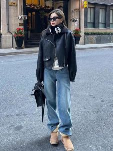 VKSOD | Winter Short Fleece Lined 2026 Leather Jacket Motorcycle Style Fur Coat