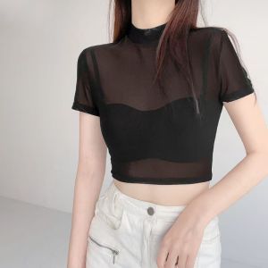 Half-Neck Mesh Thin Sheer T-shirt