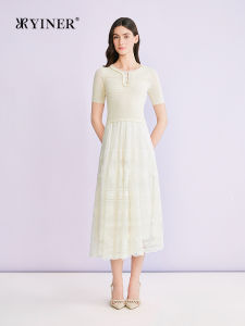 Elegant Hollow Lace Mesh Spliced Waist-Cinching Round-Neck Dress