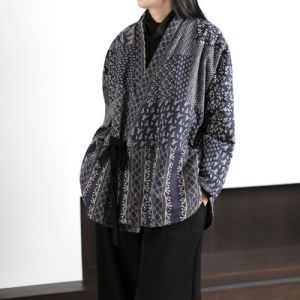 Big Sale Leak-Picking Ethnic Print Double Layer Thickened Cotton Cardigan Coat Mid Length Long Length V Neck Top Fly Lace Tops