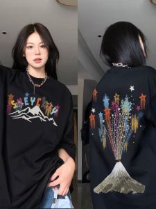 American Niche Style XINGX Volcano Print Pure Cotton T-Shirt Female Couple Best Selling Summer Loose Easiest for Match Short Sleeve Men