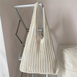 Solid Color Large Capacity Knitting Shoulder Bag Bohemian Crochet Tote Hollow out Woven Handbag Casual Summer