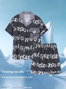 Miiow | Ice Silk Summer Pajamas For Boys Short Sleeve Thin Breathable Fashionable Home Clothes Catman 2025 New Style Polyester Fiber