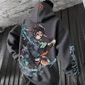Bandai | Gray Demon Slayer Hoodie Set with Tanjiro Kamado Blue Flame Back Print Gold Sword Sheath Front Design Sleeve Pattern Kimetsu