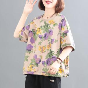 Lovent Large Size Short Sleeve T-Shirt Womens Summer Casual Print Hoodie Vintage Midlife Mommy Wear Pocket Handkerchief