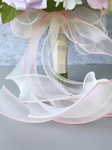 Artificial Rose Bridal Bouquet Multi-Color Mixed Purple Pink White Faux Flowers with Long Sheer Ribbon for Wedding Party Decor