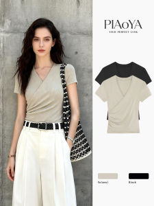 PIAOYA | Elegant Slim V-Neck Cross Design T-Shirt