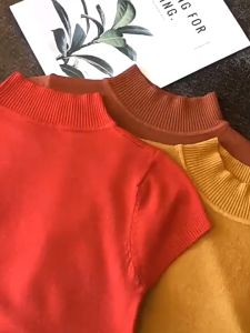 2024 Spring and Autumn new half-high collar bottoming shirt for women autumn and winter short-sleeved knitted sweater with short sweater vest top F1134