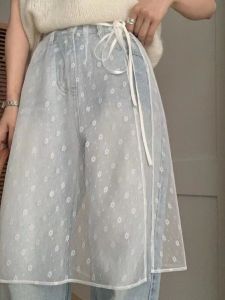 กระโปรงสั้นผ้าลูกไม้ปักเอวสูงสไตล์เกาหลี กระโปรงทรงเอ ลายดอกไม้ ผ้าฝ้ายผสม กระโปรงสั้นผู้หญิง ฤดูร้อน 2024