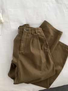Summer Thin Anti-Aging Coffee Color Half Elastic Waist Diagonal Cotton Loose Harold Nine Points Casual Pants High Waist Straight Leg