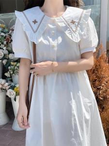 Sweet College Style Doll Collar Midi Dress Women Summer New Korean Loose Waist Student Short Sleeve A-Line Skirt Dress