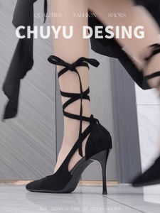 สไตล์ฝรั่งเศส รองเท้าส้นสูง สีดำ Thin Cross สายคล้อง ผู้หญิง รองเท้าข้อเท้าไม่เหนื่อยสบาย สายคล้อง รองเท้าแฟชั่นสไตล์โรมัน