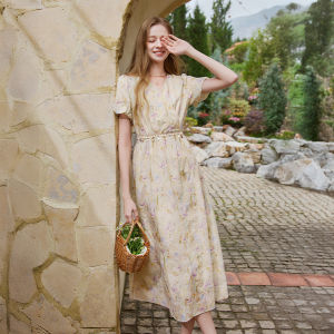 XIANGYING | French V-Neck Cinched Waist Puff Sleeves Floral Print Resort Style Mid-Length Dress