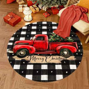 VIKAMA Christmas Round Rug Red Pickup Truck Xmas Tree Buffalo Plaid Print Soft Non Slip For Living Room Bedroom Dining Decor