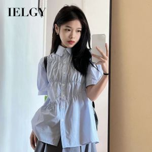 IELGY Blue เสื้อโปโลมีปกเสื้อสไตล์แขนสั้นเกาหลีสำหรับผู้หญิง