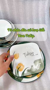 Bộ 2 Đĩa Sứ Họa Tiết Hoa Tulip – Đĩa Tròn Vuông Xoài Decor Bàn Ăn Tráng Men Cao Cấp