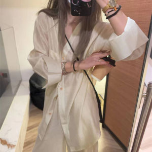 Tiansilas Linen Blouse and Wide Leg Pants Set for Women Casual Summer Fashion with Long Sleeves and V-Neck Button Up