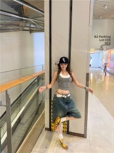 VKSOD | American Retro Color Block Vest Top And Five Shorts Womens Set Straight Leg Vintage Shorts Outfit High Street Wear Summer