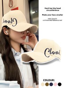 Womens Summer Letter Embroidery Black Wide Brim Hard Top Baseball Cap Large Head Circumference Face Slimming Korean Style Hat