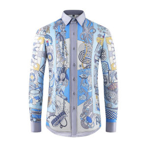 New Style Mens Slim Fit Long Sleeve Printed Base Shirt Fashionable Iron Free British Personality Hair Stylist Thin Model Shirt