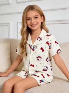 Sanrio | Bộ Đồ Ngủ Hè Sanrio Hello Kitty Cho Bé Gái Áo Ngắn Tay Và Quần Đùi Chất Liệu Polyester Thoải Mái Dành Cho Bé Từ 7-13 Tuổi