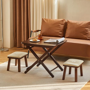 Foldable Solid Wood Dining Table Small Square Tea Table High 50cm Walnut Color Compact Table for Balcony Or Casual Dining