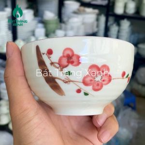 Bộ bát đĩa hoa mặt trời Bát Tràng họa tiết hoa đào đỏ men kem - Hàng vẽ tay - Bộ đồ ăn bộ bát đĩa thờ cúng gia tiên