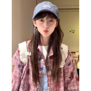 Áo Sơ Mi Kẻ Caro Dài Tay in Họa Tiết Graffiti Mùa Xuân 2025 Cho Nữ Dáng Rộng Thiết Kế Mỏng Áo Khoác Ngoài Thường Ngày Chống Tia UV