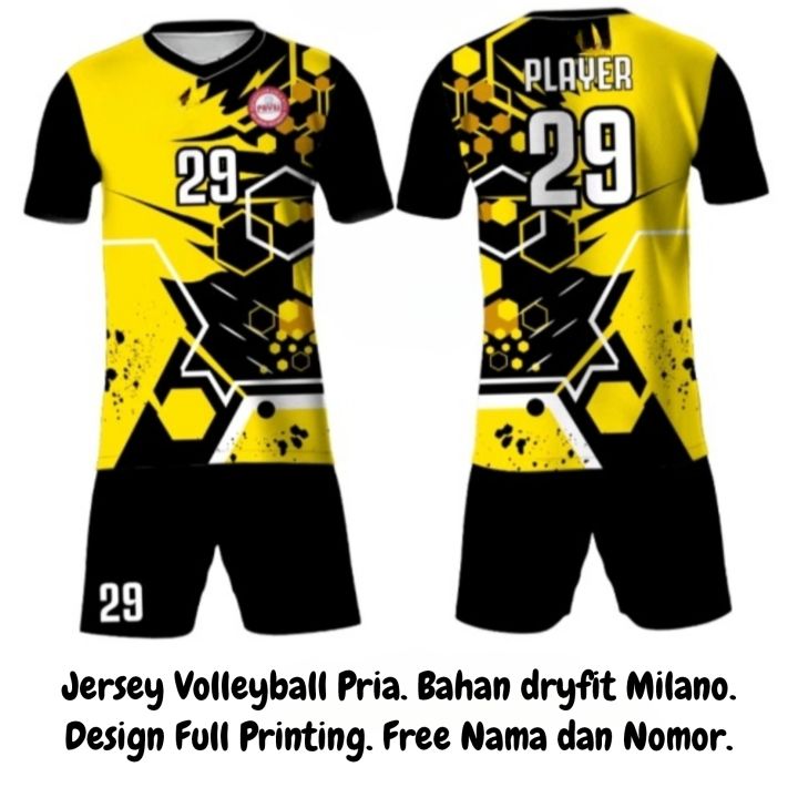 Setelan Jersey Voli Volleyball Putra Pria Full Printing Hitam