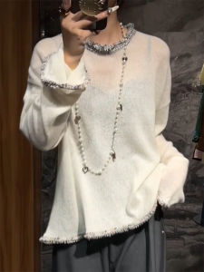 QINGNAER | Unique Delicate and Young-looking Fall Plus Size Long Sleeve Knitwear Lace and Fringe