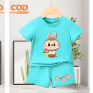 Setelan Atasan Kaos dan Celana anak Cewek Cowok usia 1-10 tahun Bergambar Labubu Bunga Sablon Digital