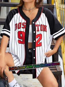 Boston Number 92 Baseball Tshirt Women Fashion Trend Button Baseball Jersey Streetwear SportTshirt Oversized Casual Training Tee