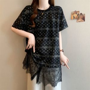 AIYITI | Lace Polka Dot Loose Short Sleeve T-Shirt