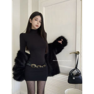 Sweet And Spicy Style เสื้อชั้นในกระโปรงทรงเอเข้ารูปสำหรับผู้หญิง ฤดูใบไม้ผลิและฤดูใบไม้ร่วง เอวเข้ารูป เอวสูง กระโปรงสั้น แขนยาว คอตั้ง