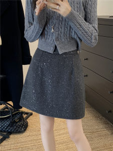 Thickened Woolen A-Line Mini Skirt for Women High Waist Shiny Sequins Half Body Skirts Elegant Short Skirts Large Size