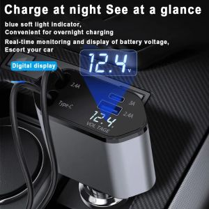 4ใน1ที่ชาร์จแบบเร็วรถยนต์ตัวแยกช่องเสียบคุณภาพสูง120วัตต์ตัวแยกสายเคเบิลหลายพร้อมโวลต์มิเตอร์ชนิด C สำหรับโทรศัพท์มือถือ Iphone 4ช่องเสียบชาร์จ USB 180 ° อุปกรณ์เสริมรถยนต์อเนกประสงค์แบบยืดหดได้