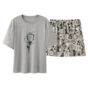 miiow | Pure Cotton Summer Sleepwear Womens Short Sleeve Home Clothes Set With Chest Pad Comfortable Breathable Casual Style