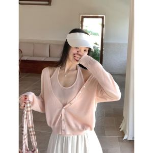 Halter V-Neck Faux Two-Piece Knit Top Pink Short