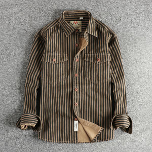 Washed Denim Long Sleeve Shirt Mens Loose Fit Fashionable Workwear Striped Outerwear Artistic Style Polyester Cotton Blend