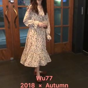 MINOSA Women Elegant Flowy Floral Beige Rose Midi Dress A Line Loose Casual Cute Dress V Neck Cuff Long Sleeve M-2XL
