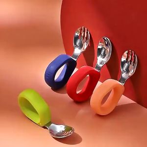 1 Set Sendok Garpu Bayi Anak Stainless Steel SUS316 Training Spoon Baby Spoon & Fork Sendok Mpasi Bayi Silikon Melengkung - Sendok Garpu Anak PERLENGAKAPAN MPASI Sendok Belajar Makan Sendiri Bayi 6 Bulan - Set Sendok Garpu Anak 1 Tahun