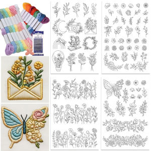 Flower Butterfly Water Soluble Embroidery Stabilizer Stick and Stitch Paper Pre-Printed Pattern for Hand Sewing Lovers Beginner