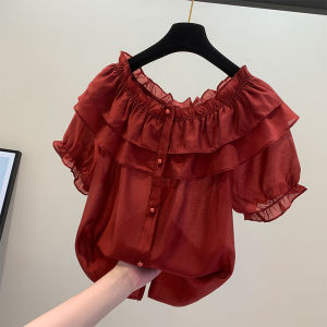 Womens Summer Lace Trim Shoulder Bared Short Sleeve Cover Belly Chiffon Top Korean Style Straight Cut Bubble Sleeve Button Detail