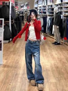 เสื้อสเวตเตอร์ถักสีแดงทรงสลิมฟิตสำหรับผู้หญิง เสื้อคาร์ดิแกนถักสั้น ทรงเข้ารูป แขนยาว ปกติ คอตั้ง สีพื้น ฤดูใบไม้ร่วง 2024