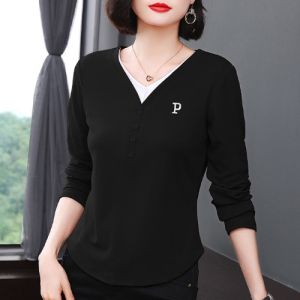 V-Neck Pure Cotton Long Sleeve T-Shirt Womens Spring Autumn Fake Two-Piece Base Shirt Elderly Sense Age Reduction Inner Wear