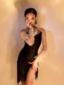 Latin Dance Costume Childrens Practice Suit Spring Summer New Netting Pearl Fringe High Level Dance Performance Outfit